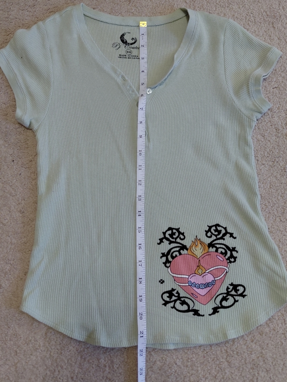 Pj Couture Mint Green Ribbed Henley Top with Pink Floral Heart Print Pajama Set - Picture 8 of 12